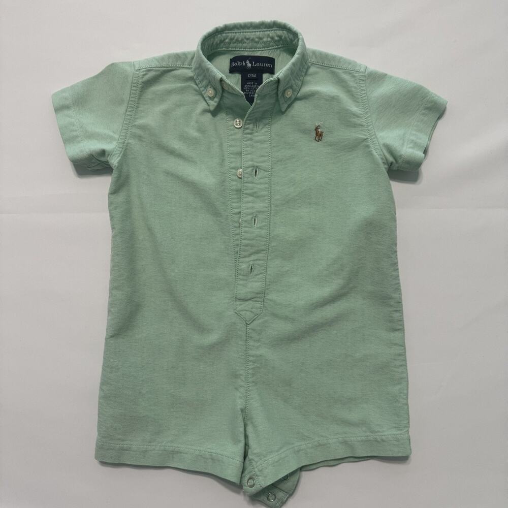 Ralph Lauren Vintage Boys Green Oxford Pony Logo Button Down Romper, Green ,12M - Picture 10 of 10